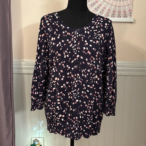 LOFT Sweaters - LOFT Navy and Pink Floral Cardigan